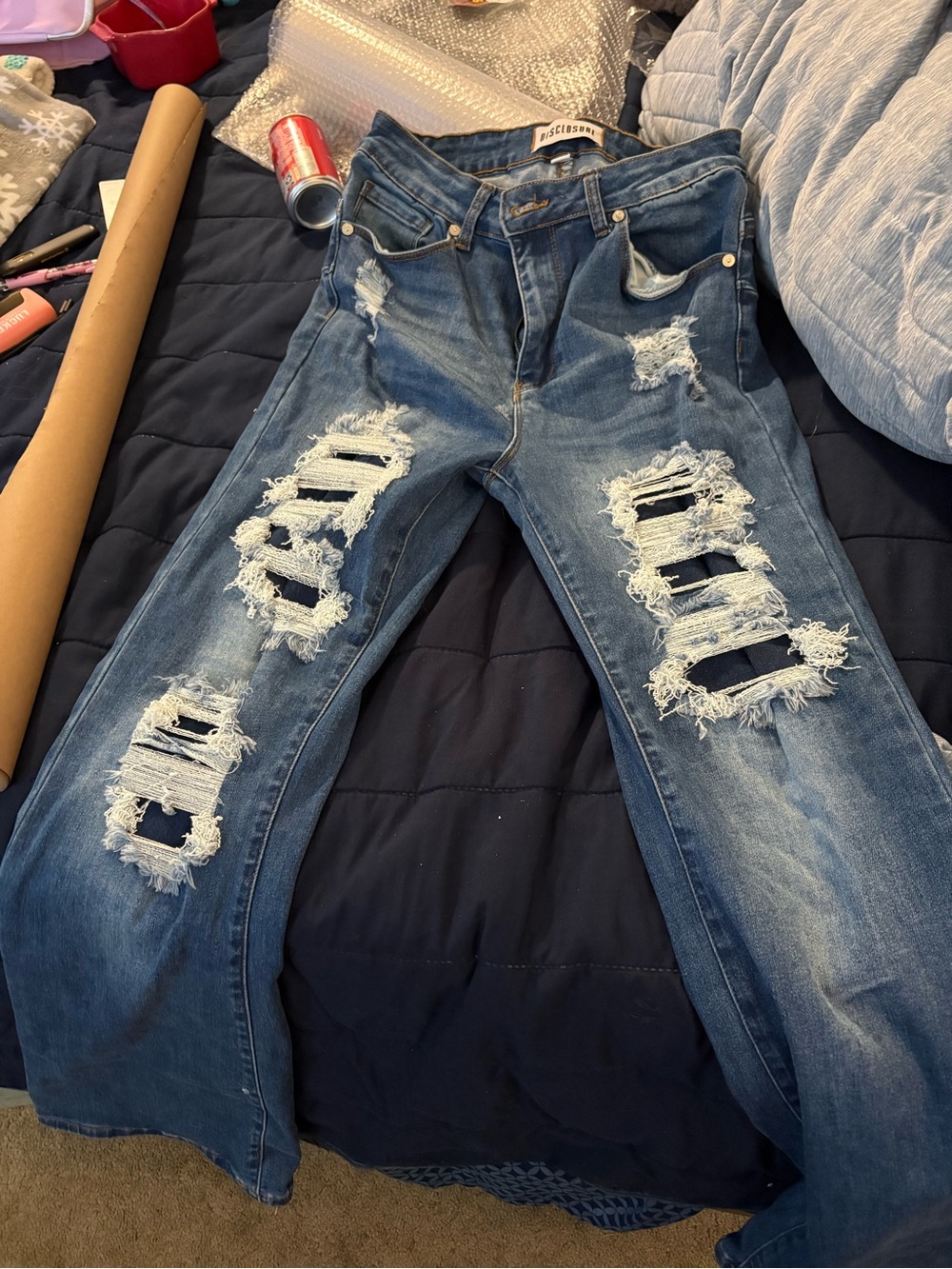 Wide-Leg Distressed Blue Jeans - Flared Ripped Style
